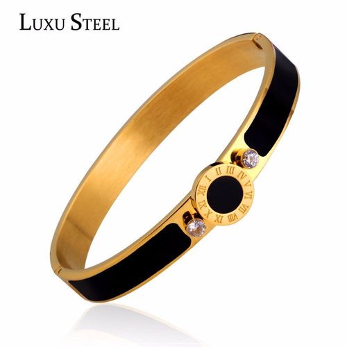 Bracelets De Luxe En Cristal Autrichien Pour Femmes, Nouveaux Bijoux En Acier Inoxydable, En Résine Noire Sculptée, Manchette En Chiffres Romains