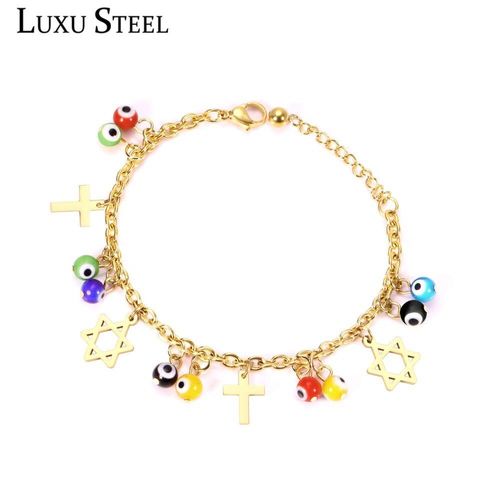 Bracelets Ajustables En Acier Inoxydable, Couleur Or, Pendentifs Croix/Étoile/¿Il Bleu, Chaîne À Fermoir Mousqueton