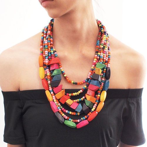 Colliers Boho En Bois Multicolores Pour Femmes, Longs Pendentifs En Perles, Bijoux Ethniques, Faits À La Main