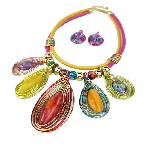 Colliers Et Boucles D'oreilles En Cuir Pour Femmes, Ensemble De Bijoux Style Boho, Chaîne Colorée, Résine, Cristal, Métal