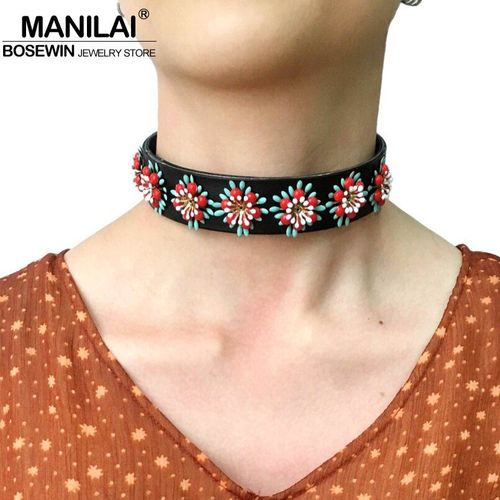 Collier Ras Du Cou En Cuir Noir Pour Femme, Long Collier À Chaîne En Alliage, Style Boho