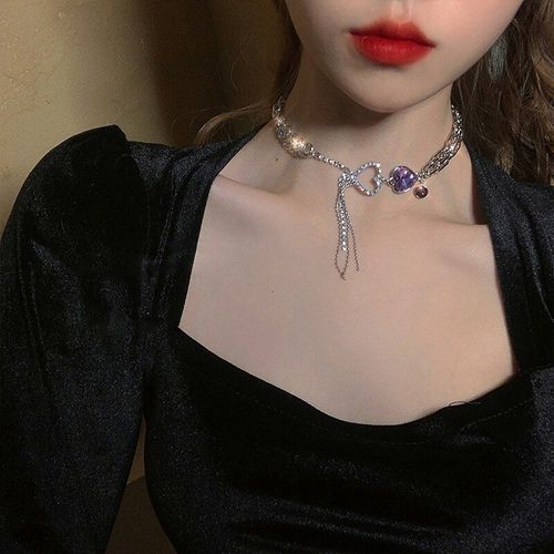 Colliers Ras Du Cou En Forme De C¿Ur Violet Pour Femmes Et Filles, Pendentif En Métal Couleur Argent, Chaîne Punk, Bijoux De Fête, Cadeaux