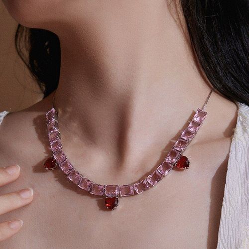 Collier Ras Du Cou De Luxe Coréen, Rose, Carré, Cristal, Pour Femmes Et Filles, Mode Rouge, C¿Ur, Bijoux De Fête