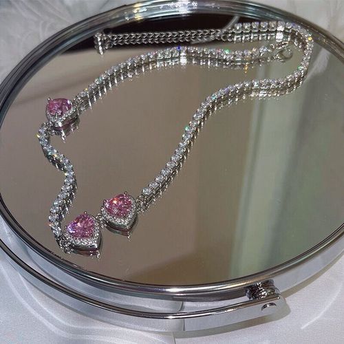 Collier En Forme De C¿Ur Pour Femme Et Fille, Élégant, Tendance Coréenne, Rose, En Zircon, Chaîne Serpent, Ras Du Cou, Bijoux