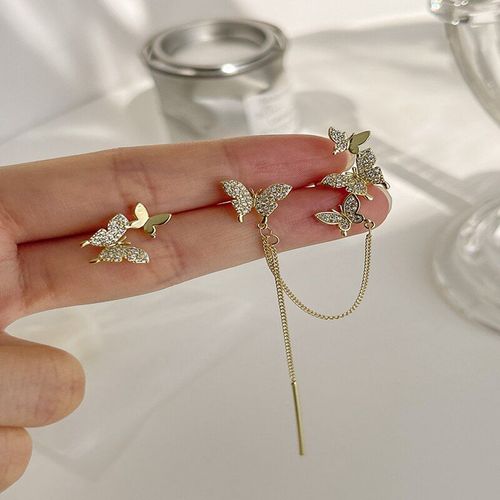 Boucles D'oreilles Papillon En Strass Pour Femmes, Bijoux Mignons, Tendance, Couleur Or, Chaîne En Métal, 2021