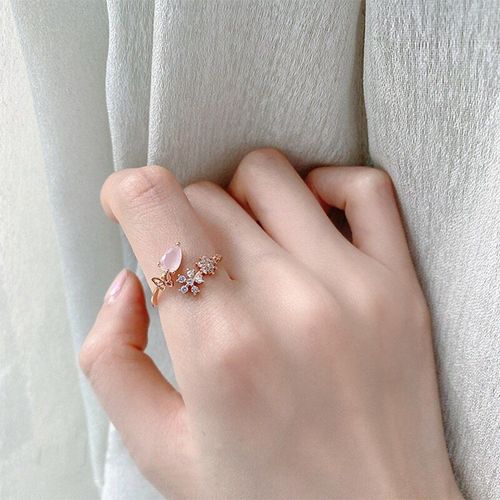 Bague En Zircon Rose Pour Femme, Bijou En Cristal, Goutte D'eau, Délicat, Ajustable, Micro Pavé, Papillon