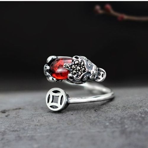 Bague Ouverte En Argent Et Grenade Pour Hommes Et Femmes, Bijou Au Design Original, Style Chinois Rétro Thaïlandais, Pierre Calcédoine, Breloque Dominatrice