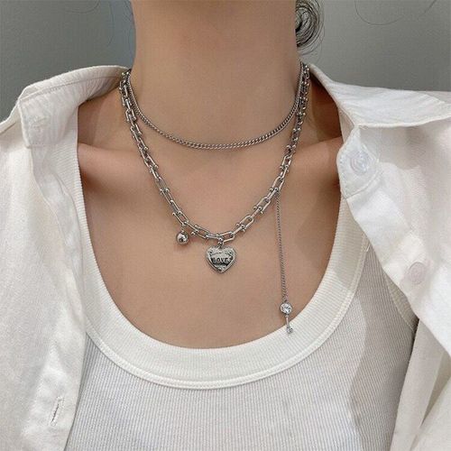 Colliers Ras Du Cou En Forme De C¿Ur En Métal Argenté Pour Femmes Et Filles, Chaîne À Pendentif À 2 Couches, Bijoux De Fête, Cadeaux