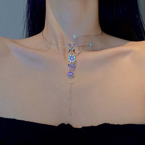Collier Rond En Métal Pour Femmes Et Filles, Élégant, Mode Coréenne, Collier Papillon En Cristal Violet