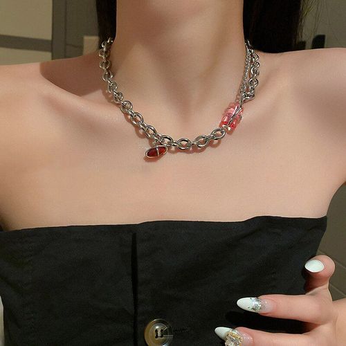 Collier Ras Du Cou En Métal Couleur Argent Pour Femmes Et Filles, Pendentif En Cristal Carré Rose Tendance, Bijoux De Fête