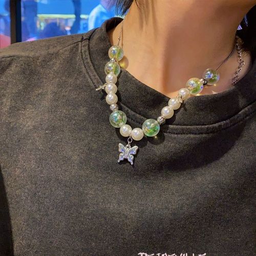 Tour De Cou Boule Transparente Pour Femmes Et Filles, Nouveau Style Punk, Mode Verte, Vintage, Pendentifs Papillon En Métal, Bijoux De Fête