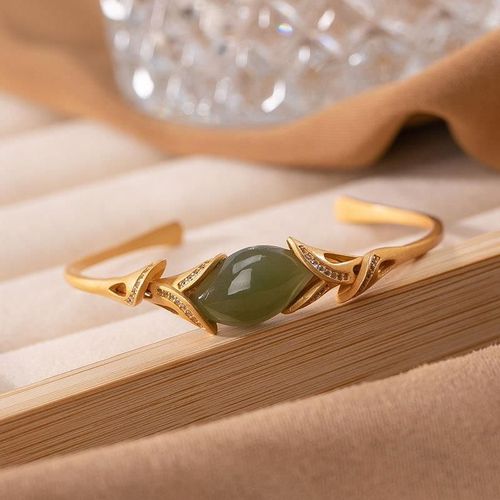 Bracelet Ouvert Géométrique En Jade Naturel Hetian Pour Femme, Bijou Classique De Luxe Léger, Design Original, Cloutée De Diamants, Vert