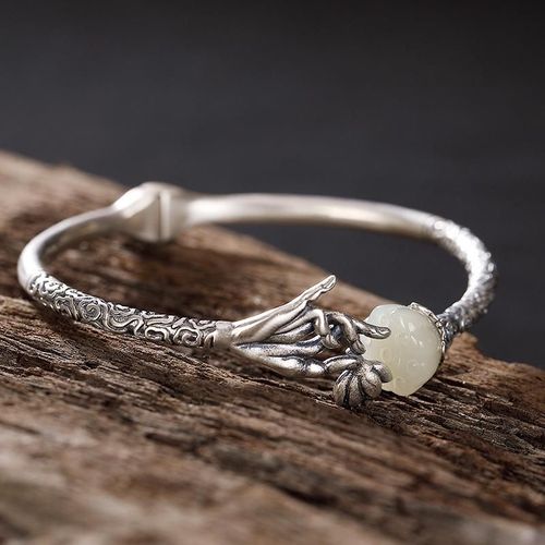 Bracelet Lotus En Calcédoine Hetian Naturelle Incrustée D'argent, Style Chinois Rétro Guanyin, Orchidée À La Main, Bijoux Ajustables Pour Femmes