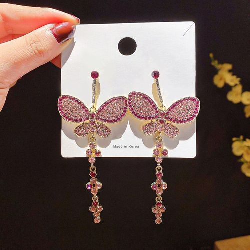 Boucles D'oreilles Papillon En Strass Rose Pour Femmes Et Filles, Longues, Mode Coréenne De Luxe, Bijoux De Fête De Vacances