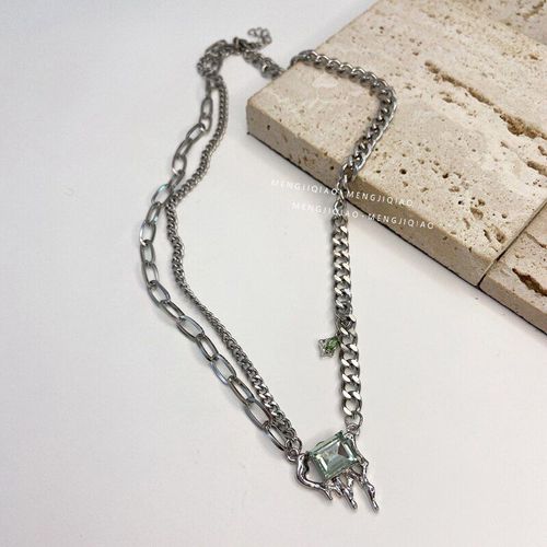 Collier Chaîne À Maillons En Métal Irrégulier Pour Femmes Et Filles, Pendentif Carré En Cristal Vert Mignon, Bijoux De Fête