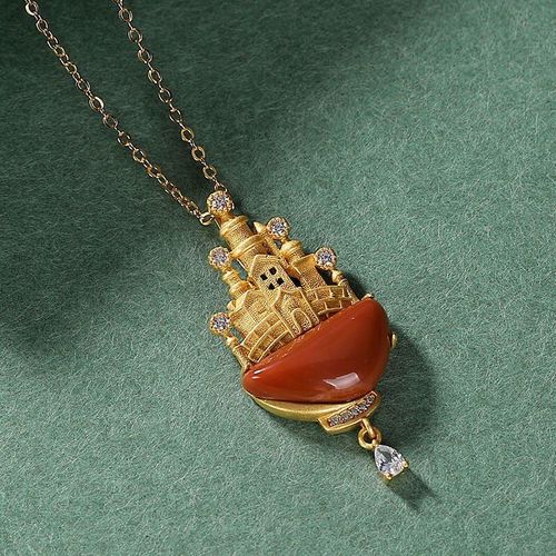 Collier Pendentif En Argent Naturel, Château De Jaspe Du Sud Rouge Avec Un Artisanat En Or Antique Unique Et Léger, Bijoux De Luxe De Marque Noble Pour Femmes