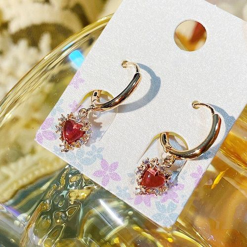 Boucles D'oreilles Coréennes En Forme De C¿Ur Rouge Pour Femmes Et Filles, Bijoux Élégants Et Mignons En Forme De Cercle En Métal, Couleur Or