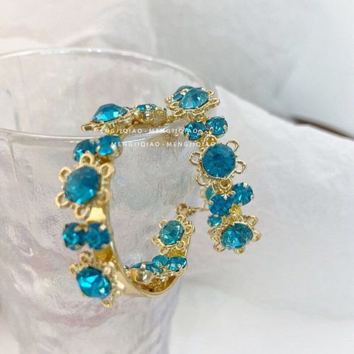 Boucles D'oreilles Rondes En Cristal Bleu, Vintage, Mode Coréenne, Métal, Couleur Or, Bijoux De Fête Pour Filles
