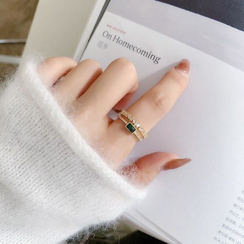Bague Ajustable En Zircon Pour Femmes Et Filles, Bijou En Cristal Vert Délicat, 2 Couches