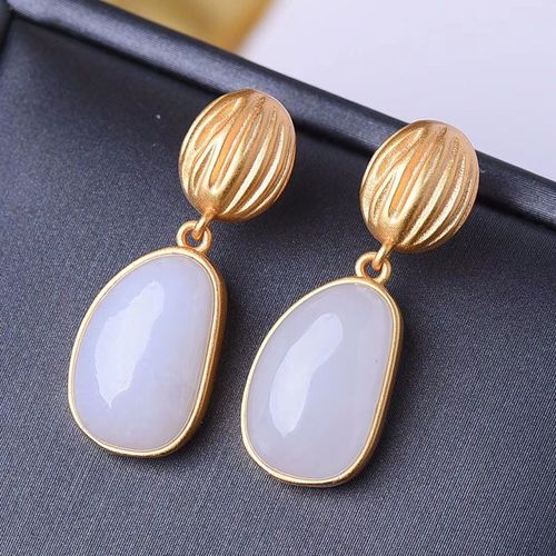 Boucles D'oreilles En Argent Naturel Hetian Jade Blanc Ovale Irrégulier, Style Chinois Rétro, Design De La Minorité, Breloque Élégante De Marque, Bijoux Pour Femmes