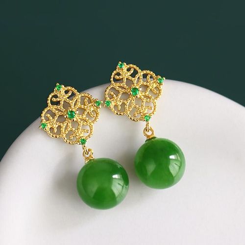 Boucles D'oreilles En Jaspe Hetian Naturel, Incrustées D'argent, Creux, Artisanat En Or Ancien, Petits Bijoux Exquis Et Frais Pour Femmes