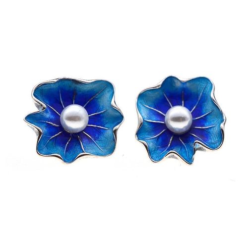 Boucles D'oreilles En Argent Incrusté, Perle De Mer Du Sud Naturelle, Bleu Brûlé, Cloisonné, Feuille De Lotus, Breloque Élégante Chinoise, Bijoux De Marque Pour Femmes