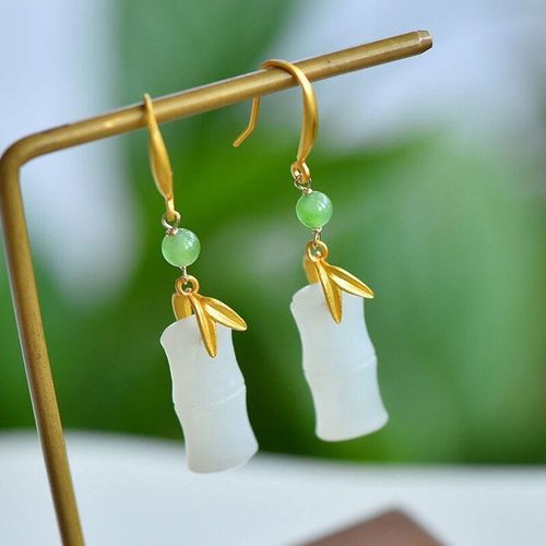 Boucles D'oreilles En Feuille De Bambou Pour Femmes, Artisanat Ancien Incrusté De Hétian Naturel, Jade Blanc, Marque Chinoise Exquise, Bijoux Pour Femmes