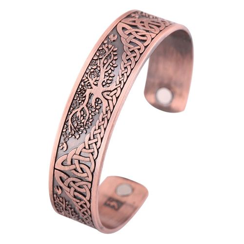 Bracelet Magnétique Plaqué Argent Pour Femme Et Homme, Manchette Ouverte Viking, Bijou Gravé Arbre De Vie