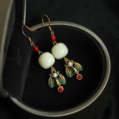 Boucles D'oreilles Longues En Jade Blanc Naturel Hetian, Style Ancien Chinois, Porcelaine Émaillée, Léger, Luxe Ethnique, Cadeau De Noël Pour Femmes