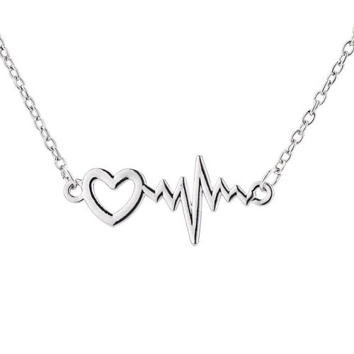 Collier Avec Pendentif En Forme De C¿Ur Pour Femme, Plaque De Rhodium, Avec Battement De C¿Ur Ecg, Pour Cadeau De Saint-Valentin