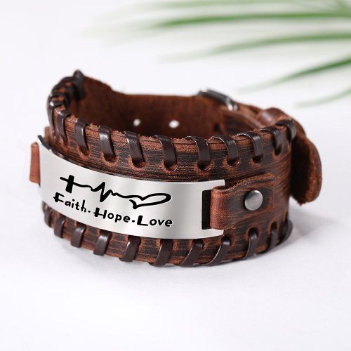 Bracelet En Acier Inoxydable Pour Homme, Bijou Gravé, Foi Sur Peur, Espoir, Amour, Noir Et Marron, En Cuir