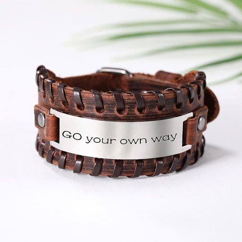 Bracelet En Acier Inoxydable Gravé Pour Homme, Bijoux En Cuir Noir Et Marron