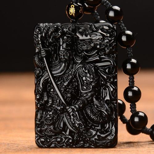 Pendentif En Obsidienne Naturelle Guan Yu Mammon, Bijoux Porte-Bonheur, Amulette De Bon Augure, Collier En Jade Fin