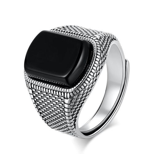 Bague En Argent Incrustée D'agate Noire, Grand Anneau Dominateur Exagéré, Design De Niche, Ouverture Ajustable, Bijoux Pour Hommes, Nouvelle Collection