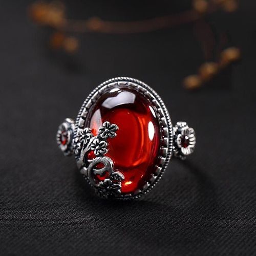 Bague Ajustable En Argent Pur, Grenade Rouge, Calcédoine Rétro, Prune De Luxe Aristocratique Sauvage Pour Femme, Anneau D'ouverture