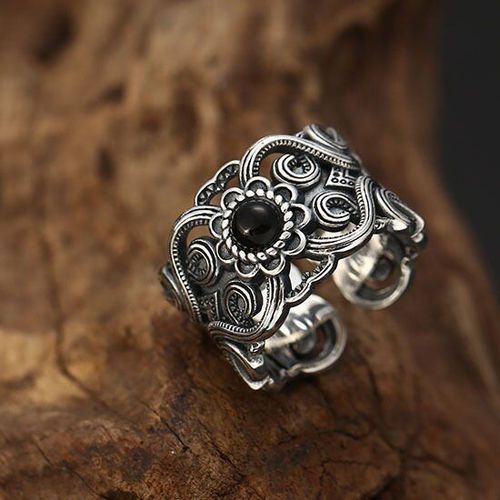 Bague Ouverte Originale En Agate Noire, Motif Ajouré, Bijou De Styliste Élégant En Argent Thaïlandais Pour Femmes