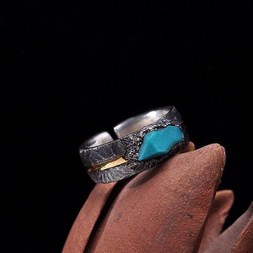 Bague Rétro Pour Hommes, Artisanat Original Incrusté Turquoise Ouverture Réglable, Personnalité Rétro, Tendance, Bijoux En Argent