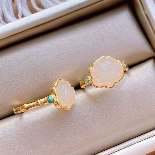 Bague Ajustable En Argent Incrusté, Calcédoine Blanche Naturelle Hetian, Turquoise, Fleur De Lotus, Niche, Charme Artisanal, Ouverture Pour Femmes, Nouvelle Collection