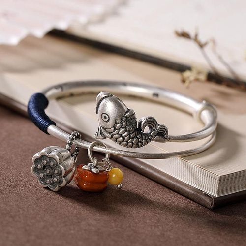 Bracelet De Calcédoine En Argent Pour Femmes, Fleur De Lotus, Carpe, Rouge Du Sud, Breloque Classique Chinoise, Ajustable, Marque De Bijoux
