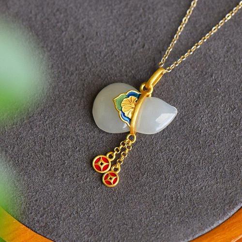 Collier En Porcelaine Avec Pendentif En Jade Naturel Hetian, Gourde En Émail, Style Chinois Rétro, Bijoux Exquis Pour Femmes, Cadeaux Pour Amis