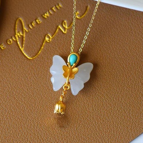 Long Pendentif En Argent Naturel Hotan Blanc Jade Turquoise Papillon, Collier Rétro Style Chinois Court, Charme Bijoux Pour Femmes