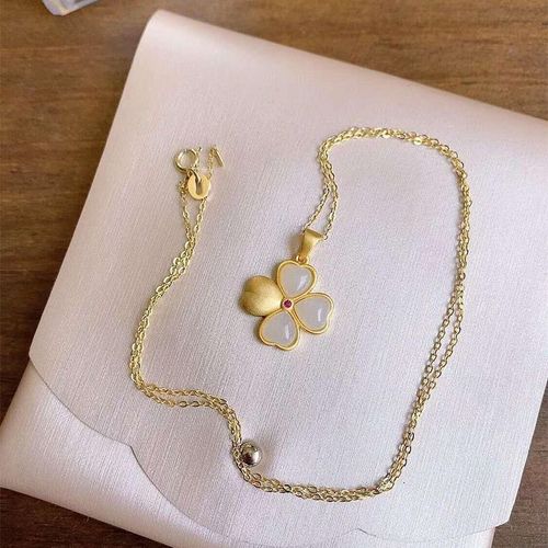 Collier En Argent Incrusté De Jade Blanc Naturel Hetian, Pendentif À Quatre Feuilles D'herbe, Style Chinois Rétro, Charme Romantique, Bijoux Pour Femmes