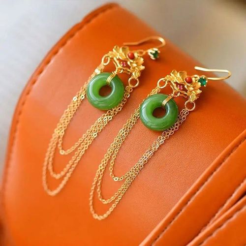 Boucles D'oreilles En Jaspe Hétian Naturel Pour Femmes, Bijoux En Argent, Style Palais Rétro Chinois, Breloque Unique, Ancien, Artisanat En Or