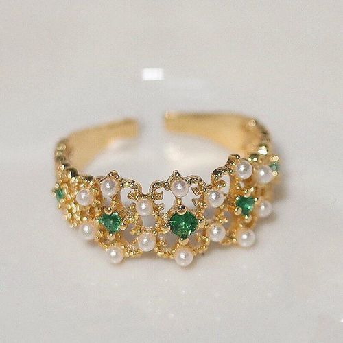 Bague En Argent Incrustée De Diamants Verts, Maille Creuse Pour Dames, Ouverture Réglable Plaquée Or, Bijoux De Luxe Élégants Et Légers
