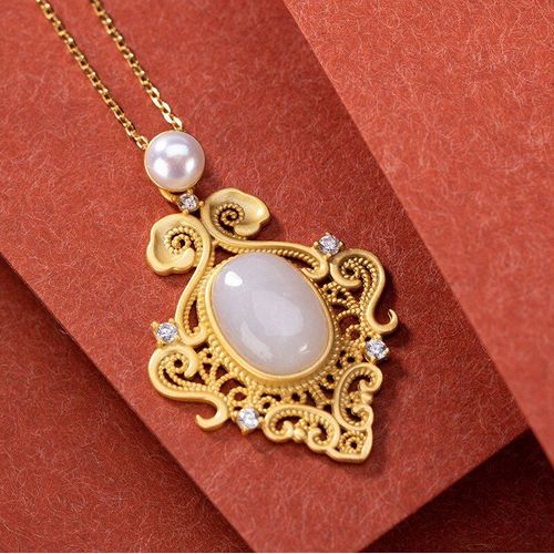 Collier Pendentif De Créateur En Jade Hétien Naturel, Style Chinois, Palais Rétro Unique, Charme Artisanal En Or Ancien, Bijoux Pour Femmes