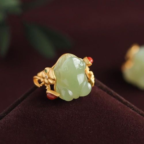 Bague De Styliste En Jade Naturel Hetian Pour Femme, Bijoux En Or, Feuille De Lotus, Ouverture Réglable, Personnalité Tendance, Nouvelle Collection