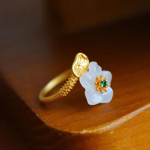 Bague En Jade Hétien Naturel Pour Femme, Bijou Original De Styliste, Méthode Ancienne, Or, Fleur, Ouverture Réglable, Luxe, Style Palais, Nouvelle Collection