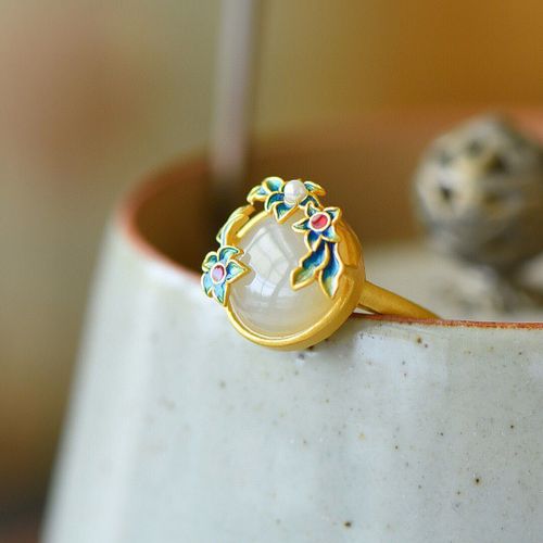 Bague En Argent Pour Femmes, Artisanat Unique, Émail Incrusté De Fleur De Magnolia En Porcelaine, Jade Naturel Hetian, Ouverture Réglable, Bijoux Pour Dames