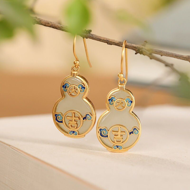 Boucles D'oreilles En Porcelaine En Jade Hetian Naturel, Artisanat En Or Ancien, En Émail En Forme De Gourde, Style Chinois, Breloque Classique, Bijoux Pour Dames