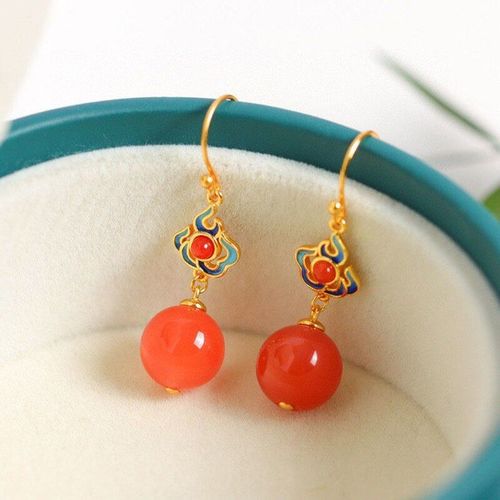 Boucles D'oreilles Longues En Porcelaine Émaillée, Calcédoine Naturelle Rouge Perle Ronde Émail, Breloque Classique Style Chinois, Bijoux De Marque Pour Dames